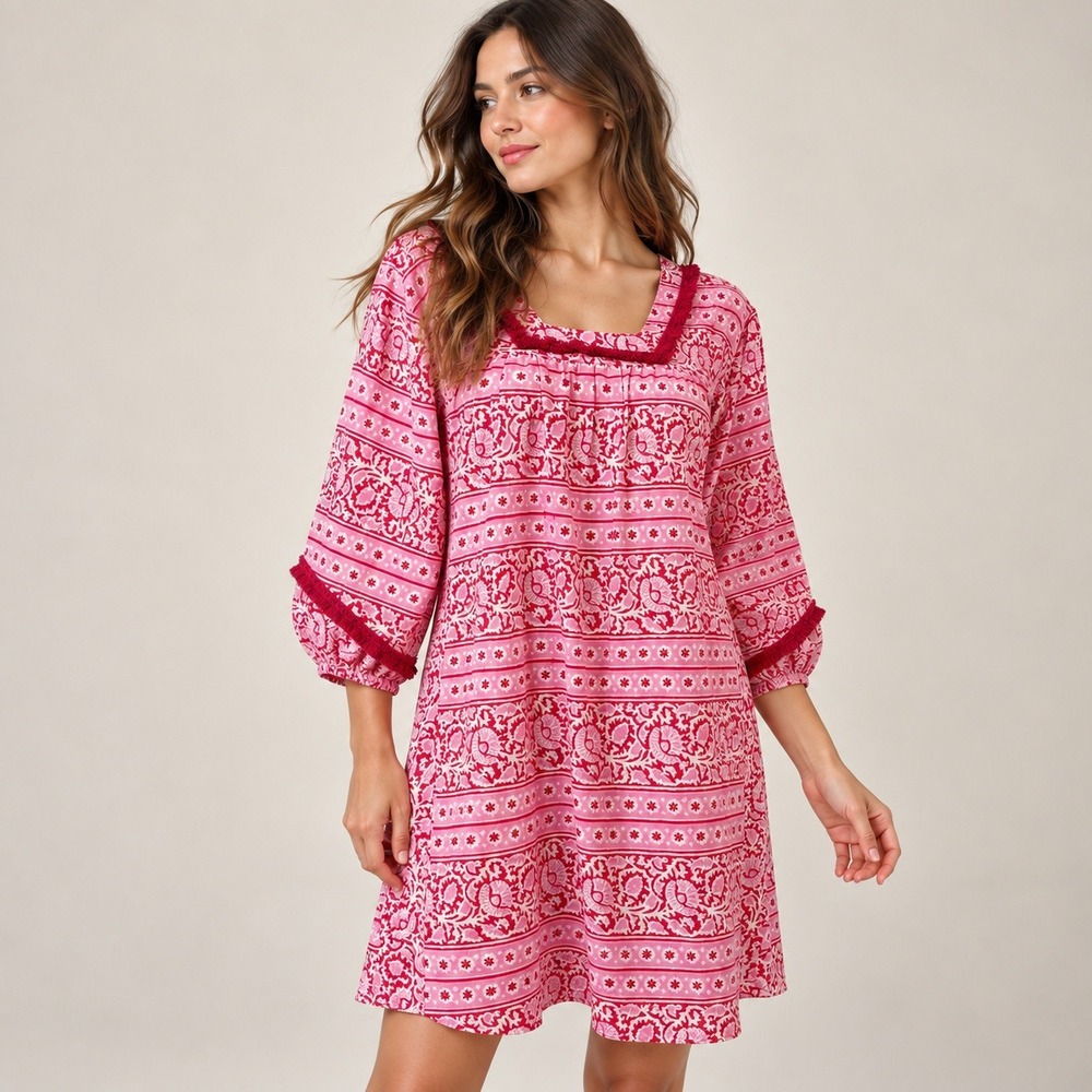 Tuckernuck Sydney Mini Dress Womens XS Pink Block Print Fringe Cotton Mini Boho
